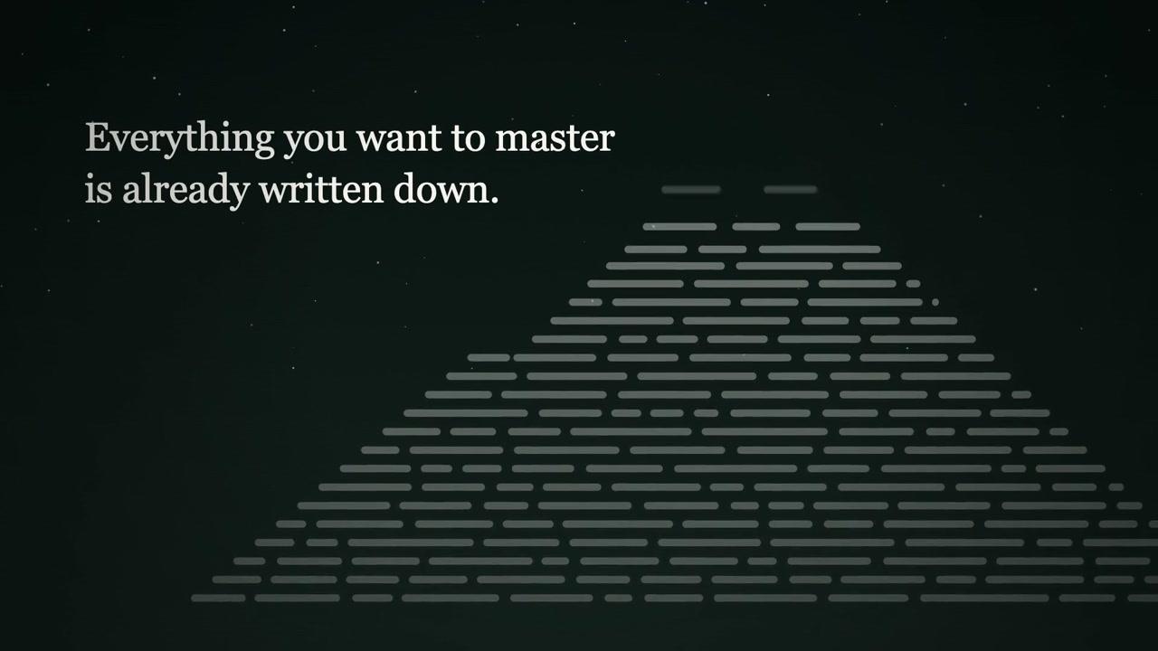 A mountain of textbook lines beside the words: Everything you want to master is already written down.