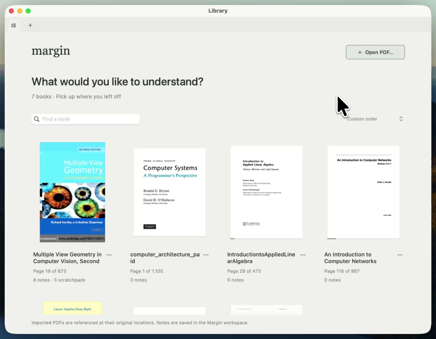 The marginstudy library: a grid of textbooks under the question, What would you like to understand?