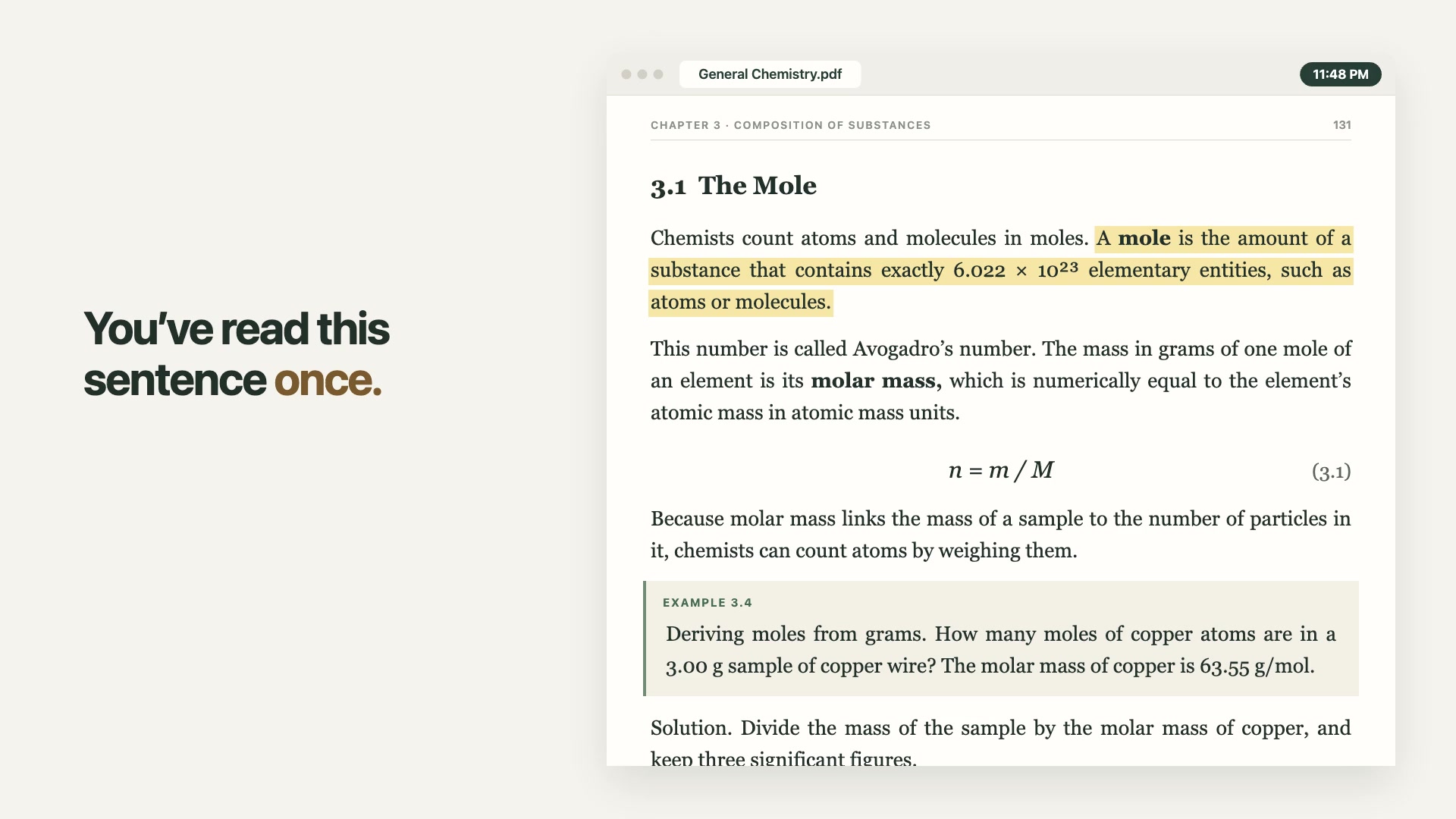 A chemistry textbook sentence about the mole, highlighted, beside the words: You’ve read this sentence four times. Still lost.